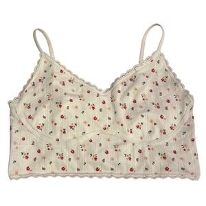 SO Intimates Women Cream Floral Lace Trim Bralette Crop Top Size L